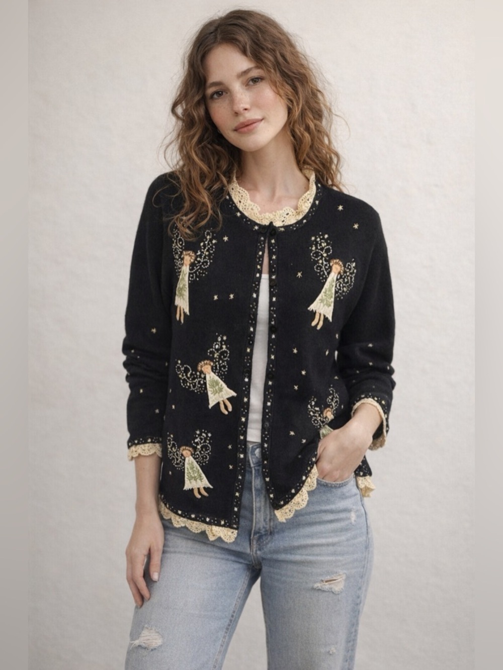 Vintage 80s Talbots Cardigan Sweater Sz 1X Angels Embroidered Black Beaded Whims